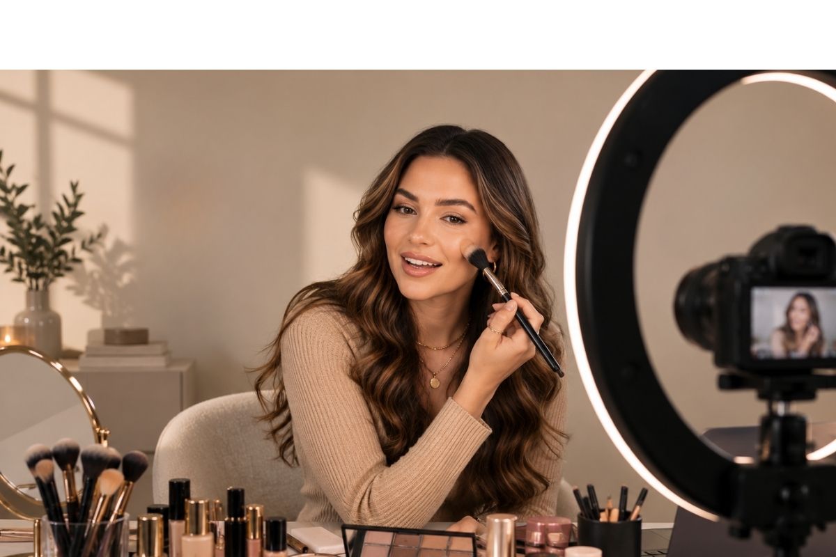 Beauty content creator filming a makeup video