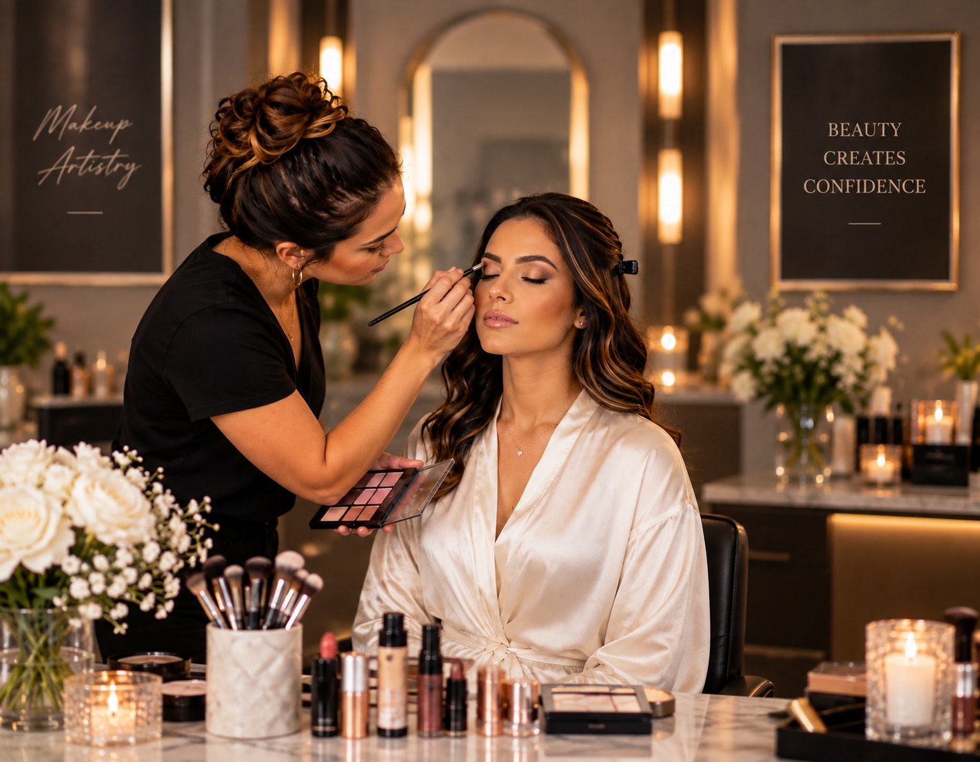 Freelance makeup artist working with a client